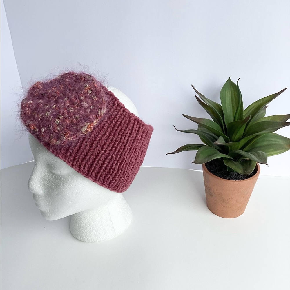 Headband Earwarmer Hand Crafted Hat Ponytail Floral Rose Bling Fuzzy - Picture 3 of 14